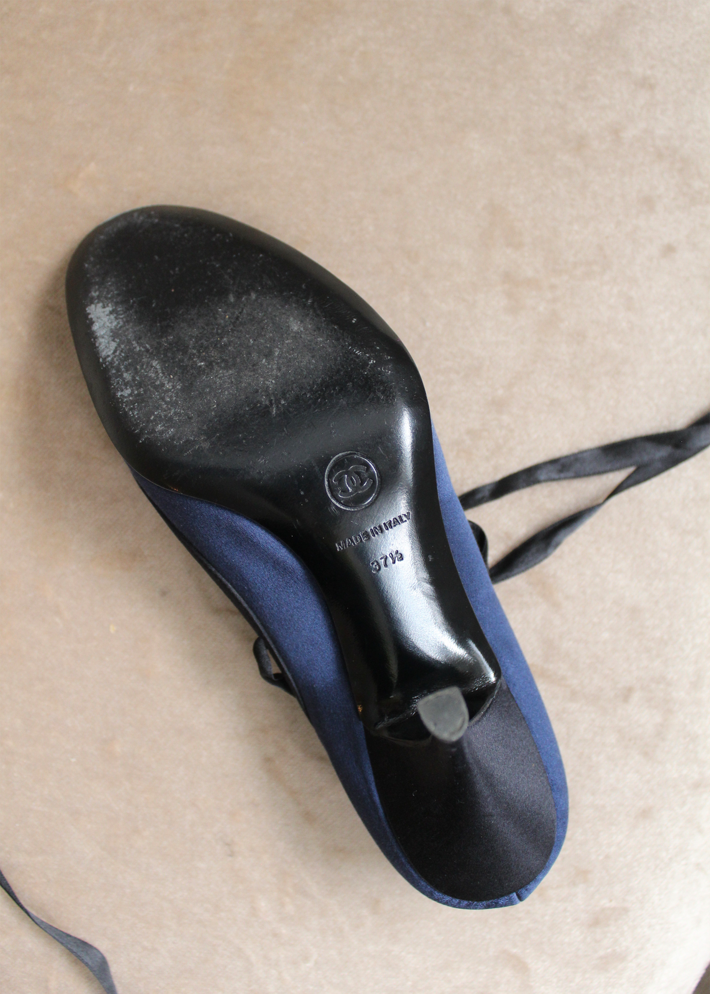 CHANEL 2000s Ballerina Satin Lace-Up Heels in Midnight- Size FR37.5