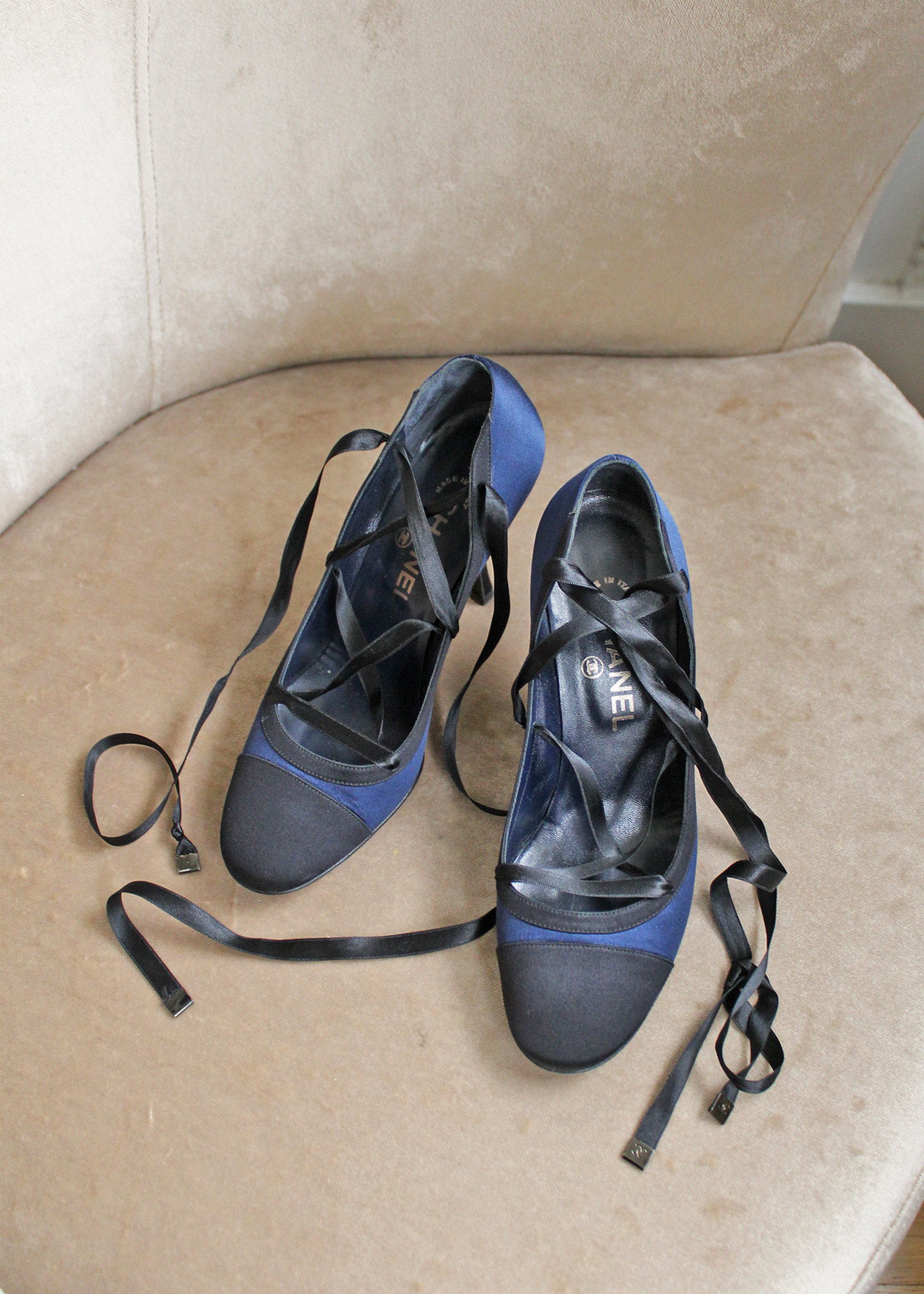 CHANEL 2000s Ballerina Satin Lace-Up Heels in Midnight- Size FR37.5