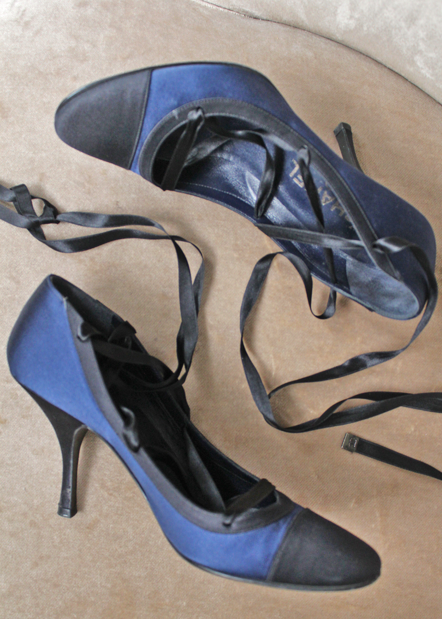 CHANEL 2000s Ballerina Satin Lace-Up Heels in Midnight- Size FR37.5