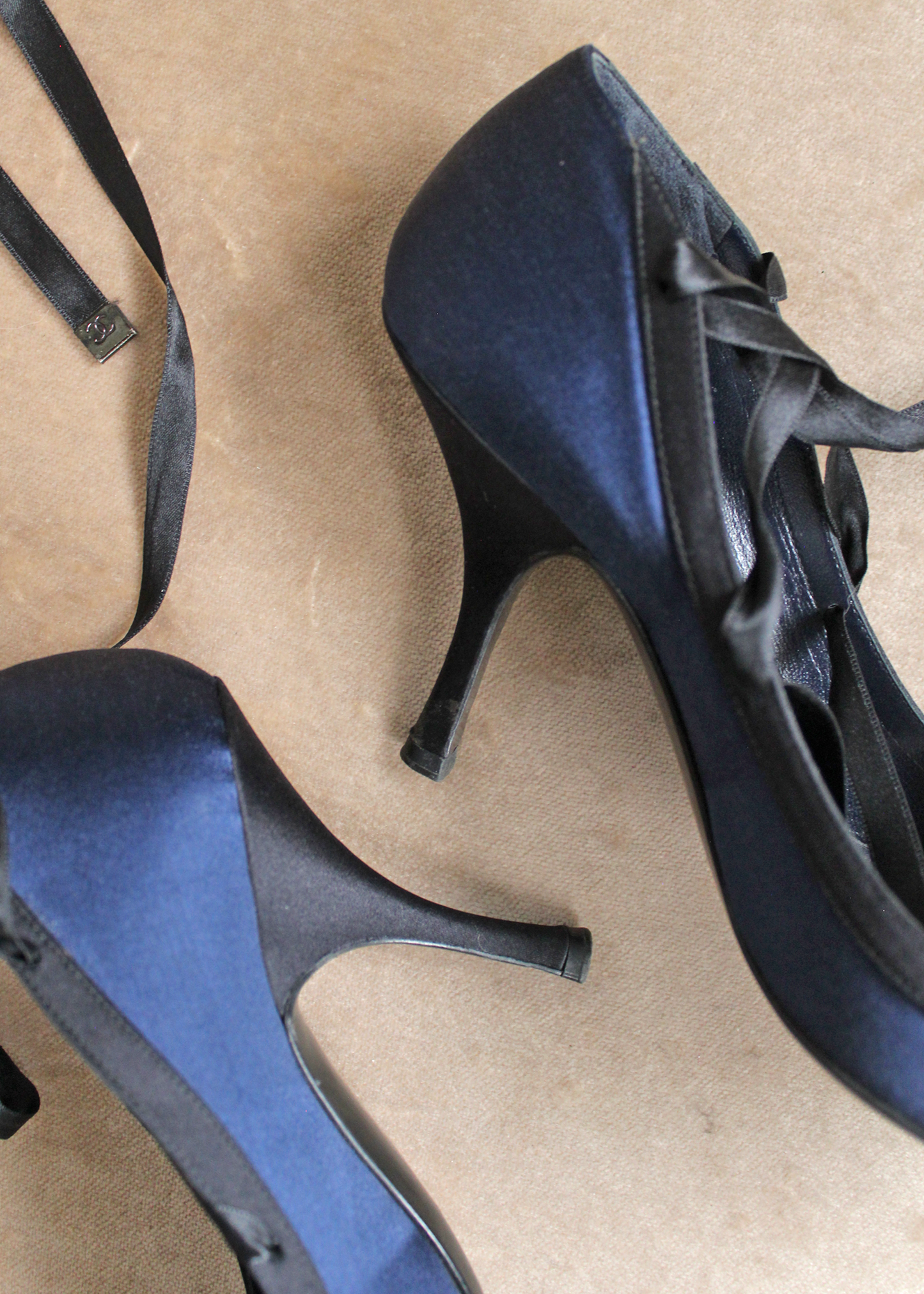 CHANEL 2000s Ballerina Satin Lace-Up Heels in Midnight- Size FR37.5