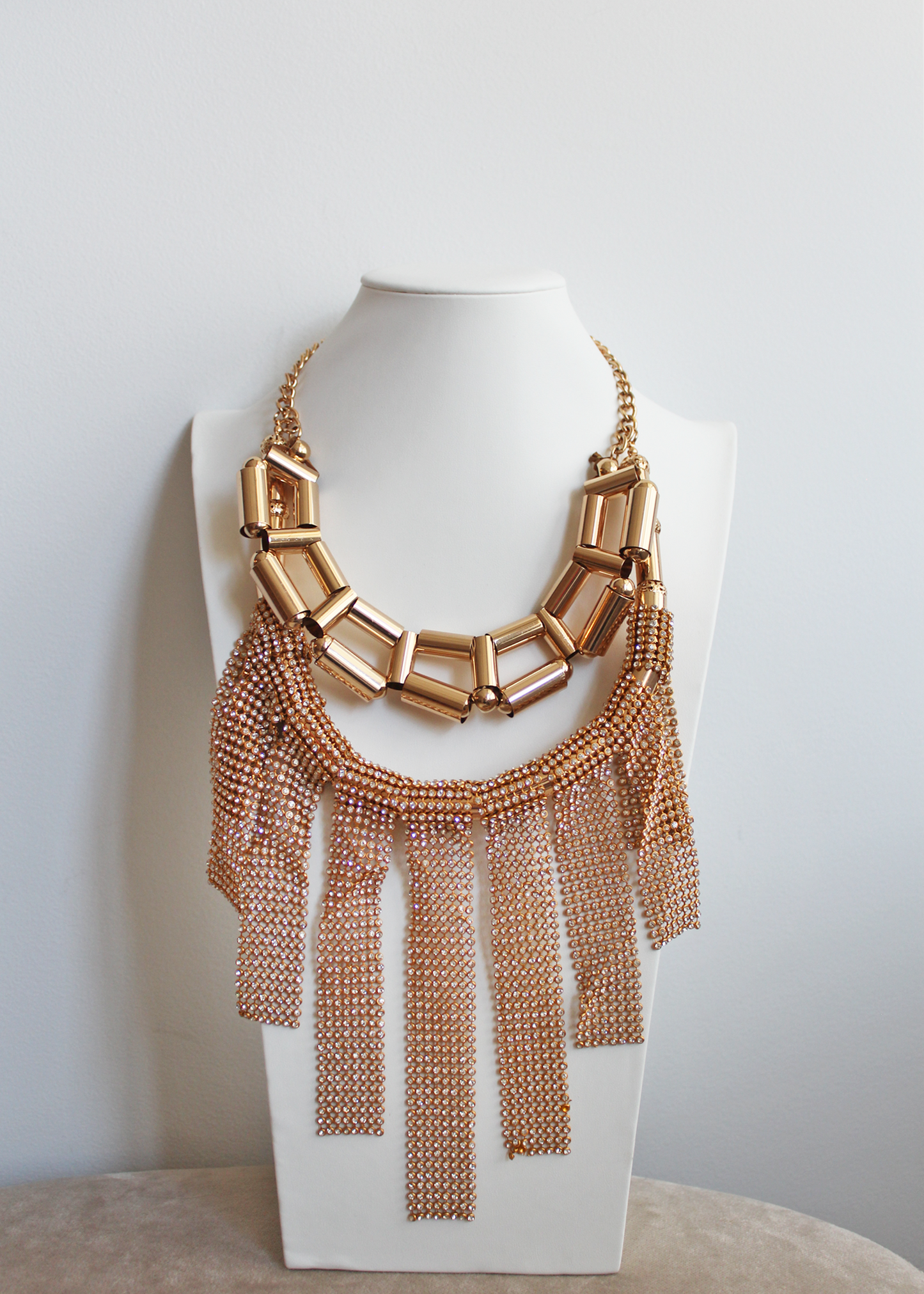 Courrèges 1960s Massive Gold Tubular Rhinestone Runway Necklace