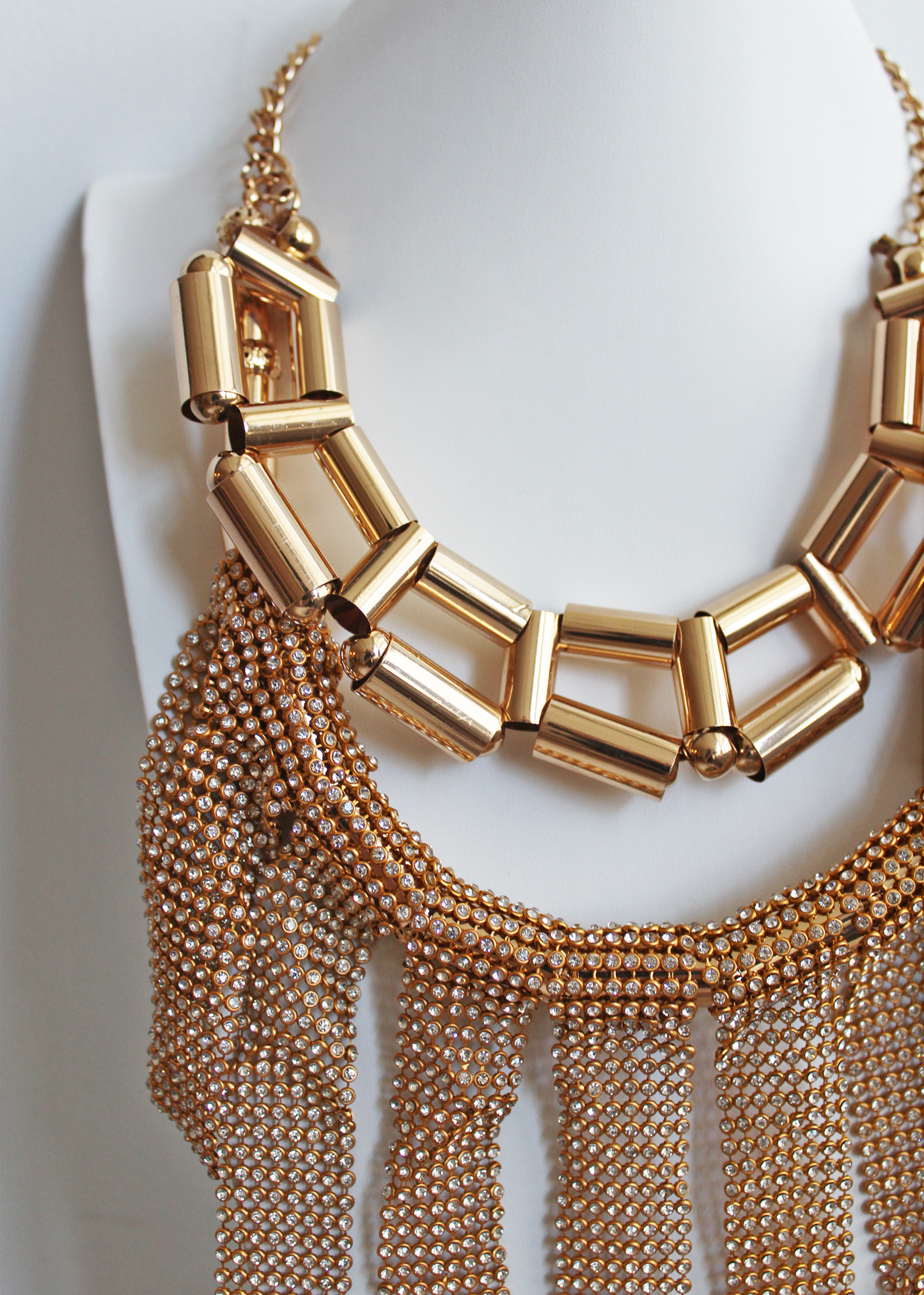 Courrèges 1960s Massive Gold Tubular Rhinestone Runway Necklace