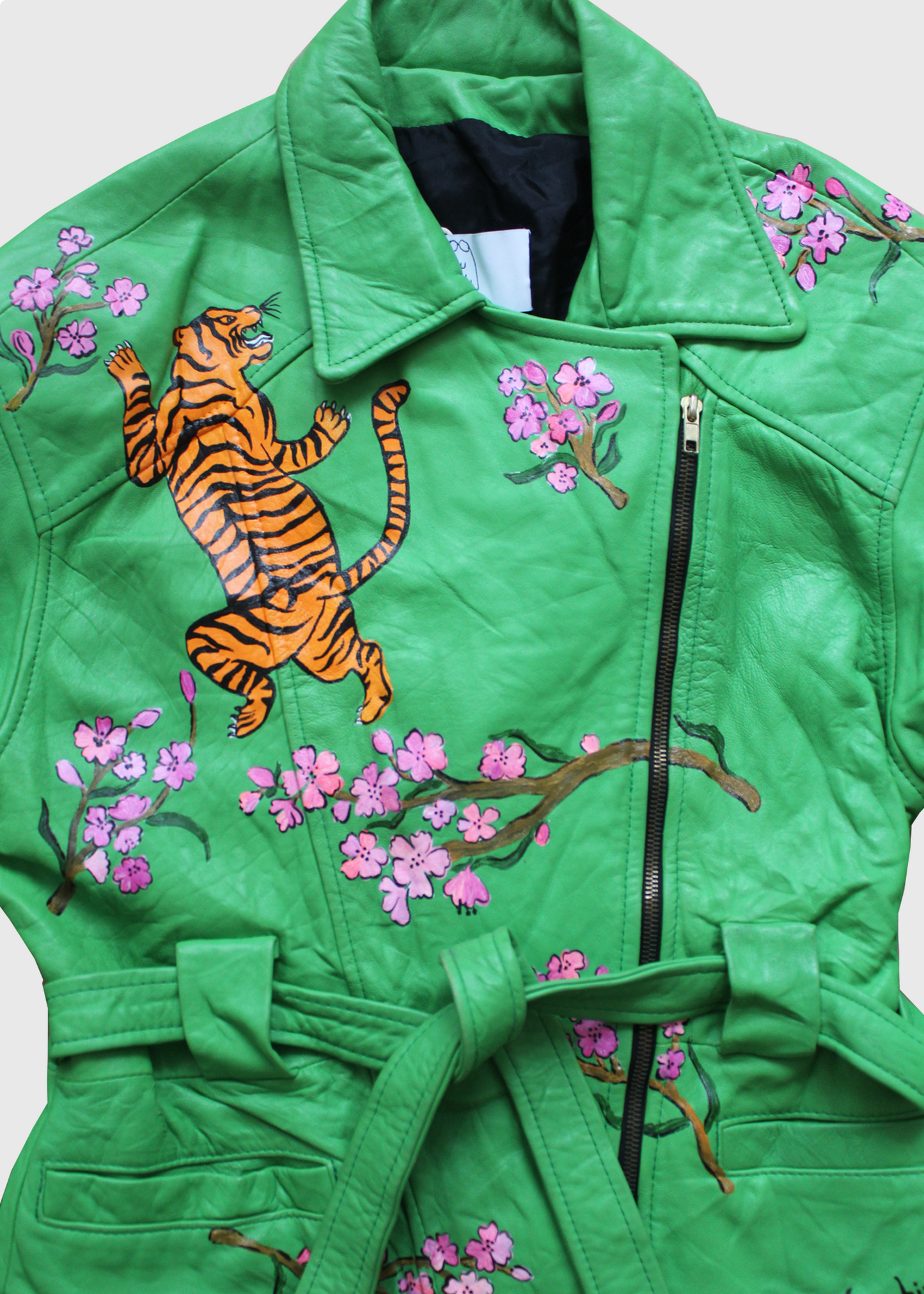 Dauphinette Green "Tiger Blooms" Handpainted Leather Jacket- Size M