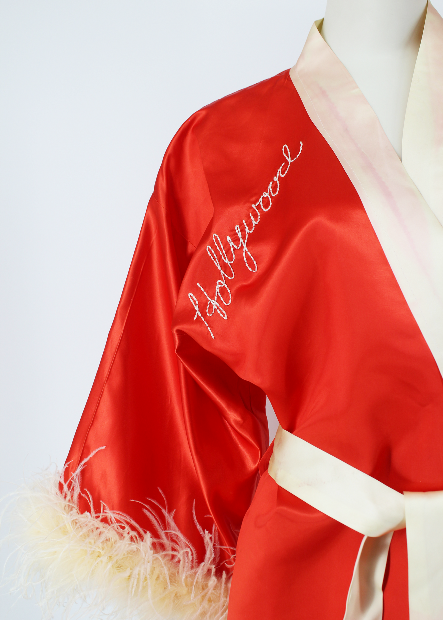 Dauphinette 1940s Red "Hollywood" Hand-Embroidered Robe with Feathers