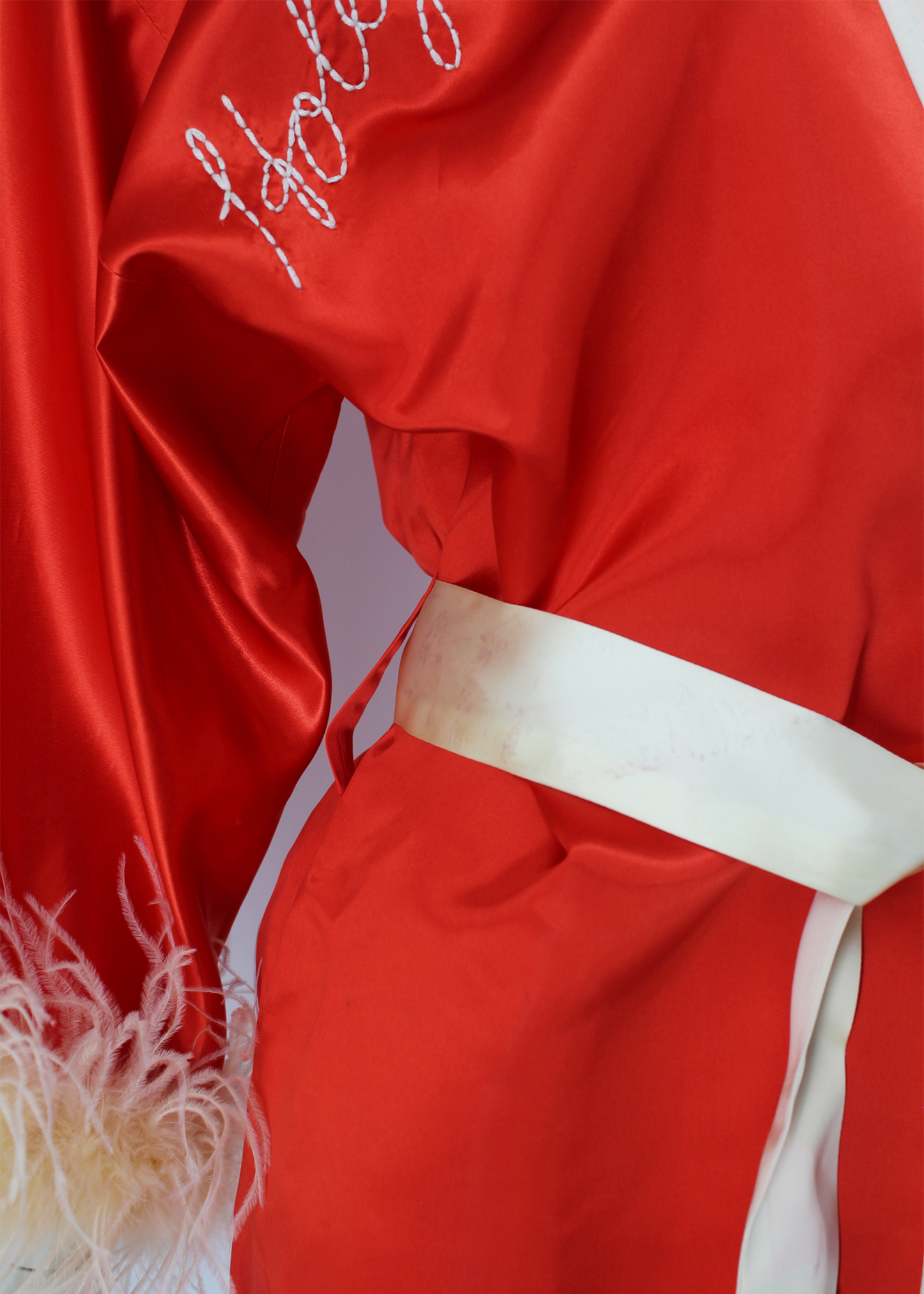 Dauphinette 1940s Red "Hollywood" Hand-Embroidered Robe with Feathers
