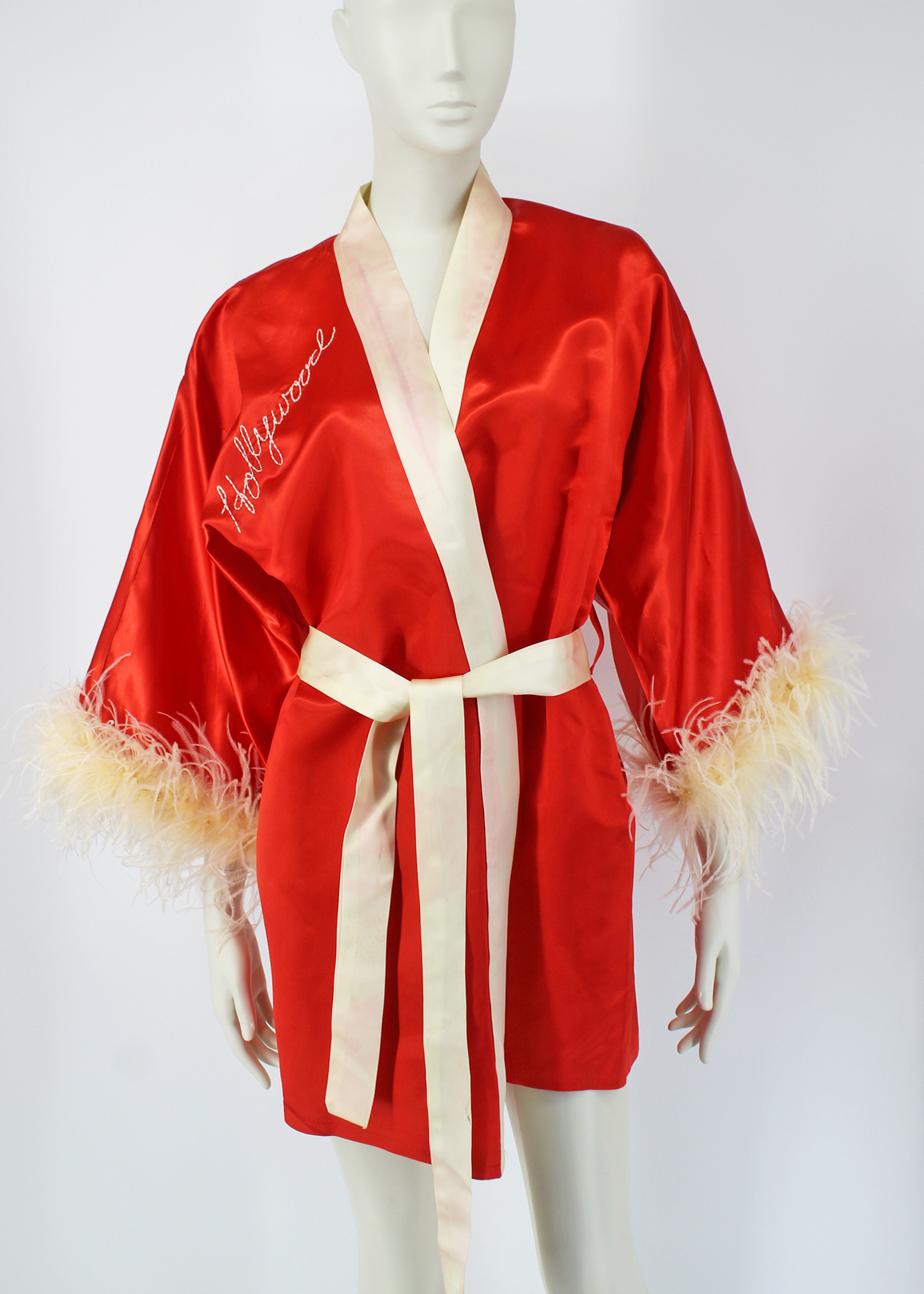 Dauphinette 1940s Red "Hollywood" Hand-Embroidered Robe with Feathers