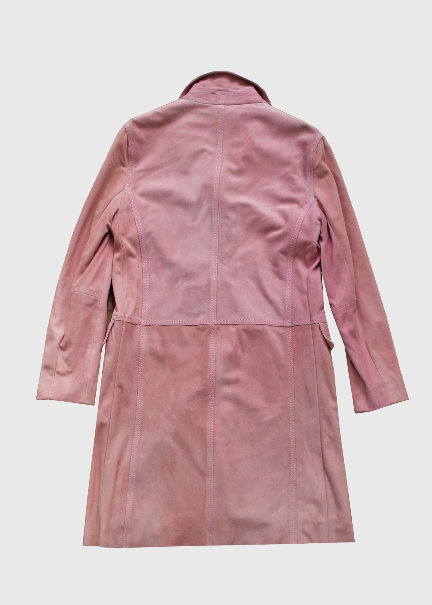 A buttery soft pink suede long jacket by Feraud. Features tones of blush and peach pink in an ultra-elegant, timeless silhouette.