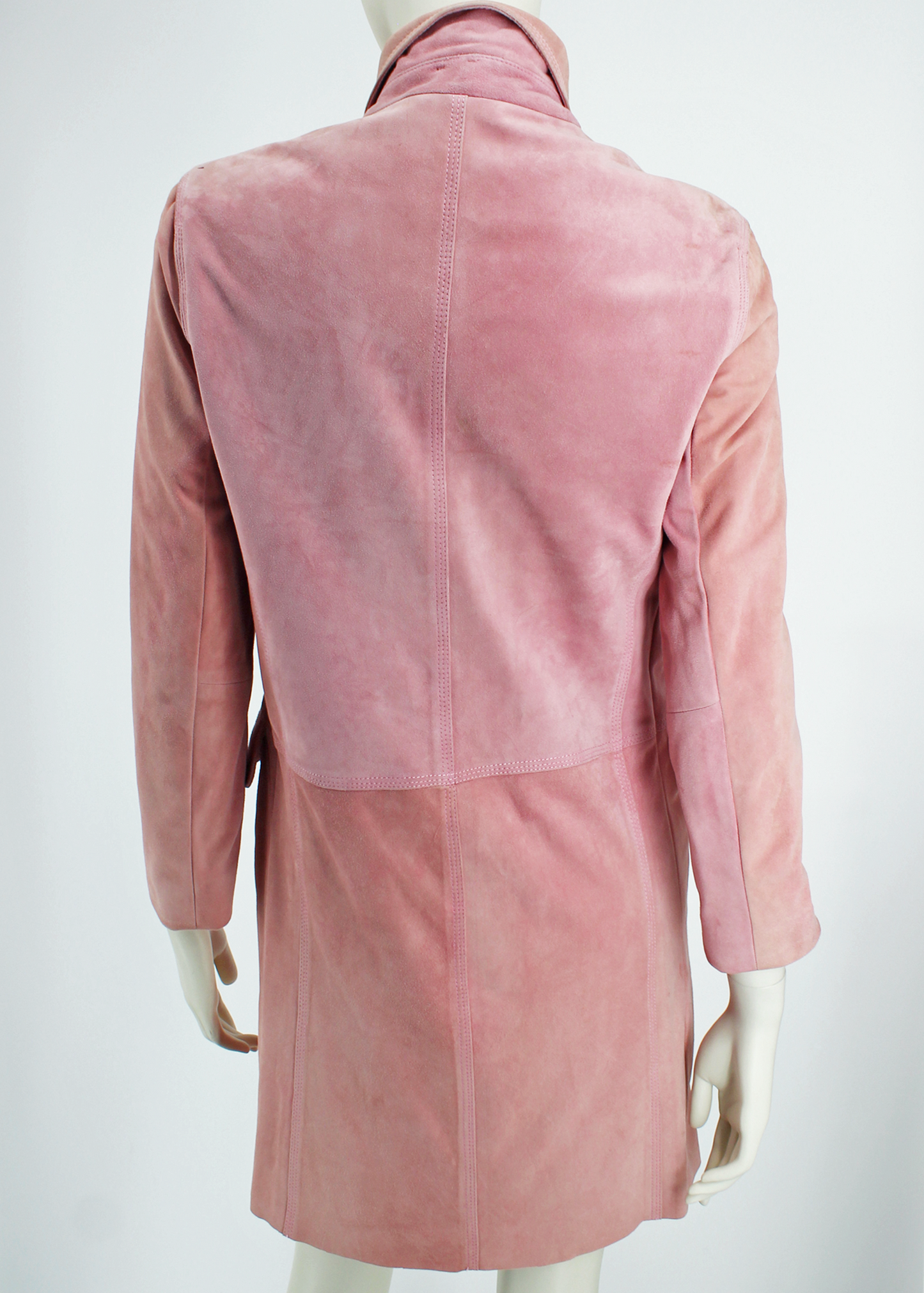 A buttery soft pink suede long jacket by Feraud. Features tones of blush and peach pink in an ultra-elegant, timeless silhouette.