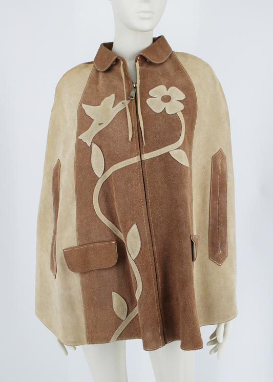 1970s Suede Patchwork Birds & Flowers Cape- One Size
