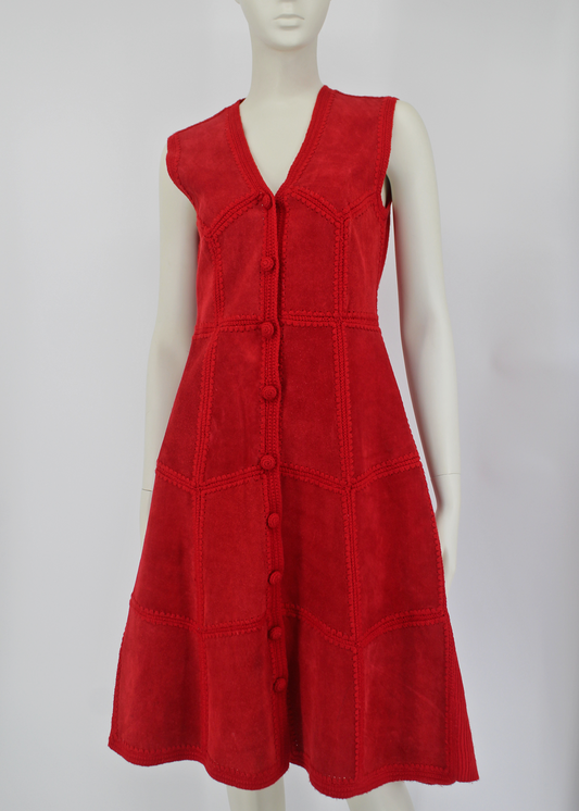 1970s Crocheted Red Suede A-Line Dress- Size S