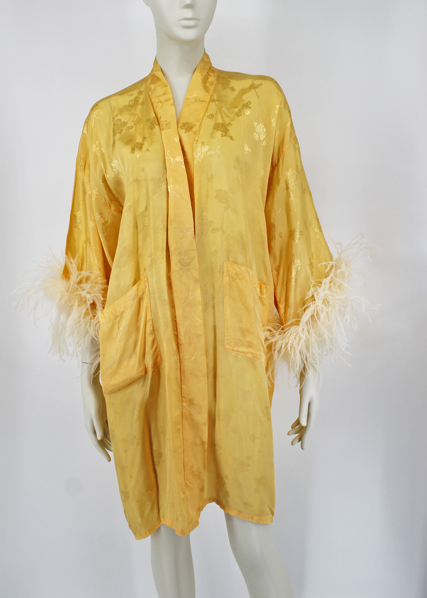 Dauphinette 1940s Yellow Dragon Hand-Embroidered Robe with Feathers