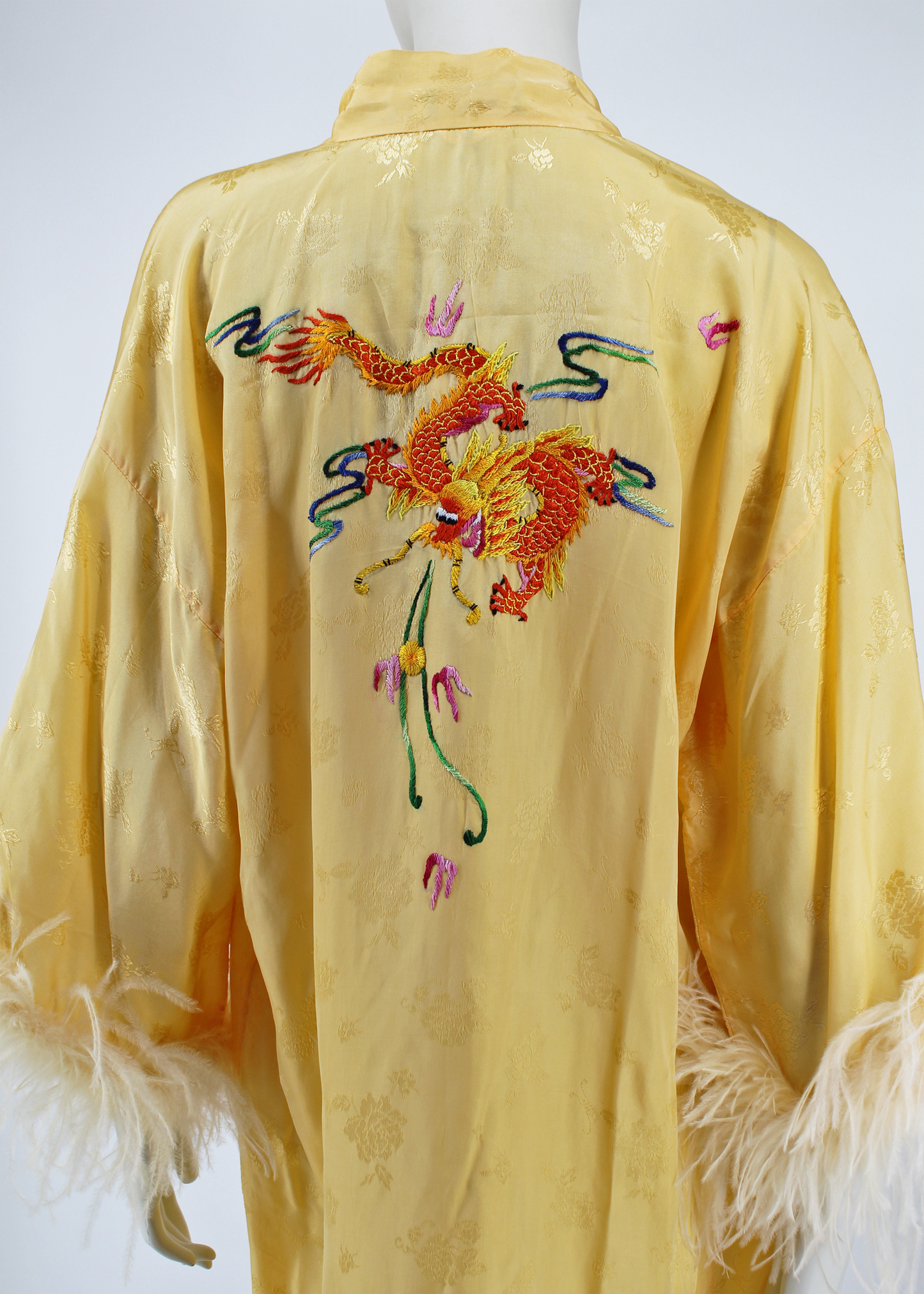 Dauphinette 1940s Yellow Dragon Hand-Embroidered Robe with Feathers