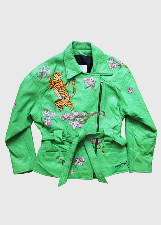 Dauphinette Green "Tiger Blooms" Handpainted Leather Jacket- Size M