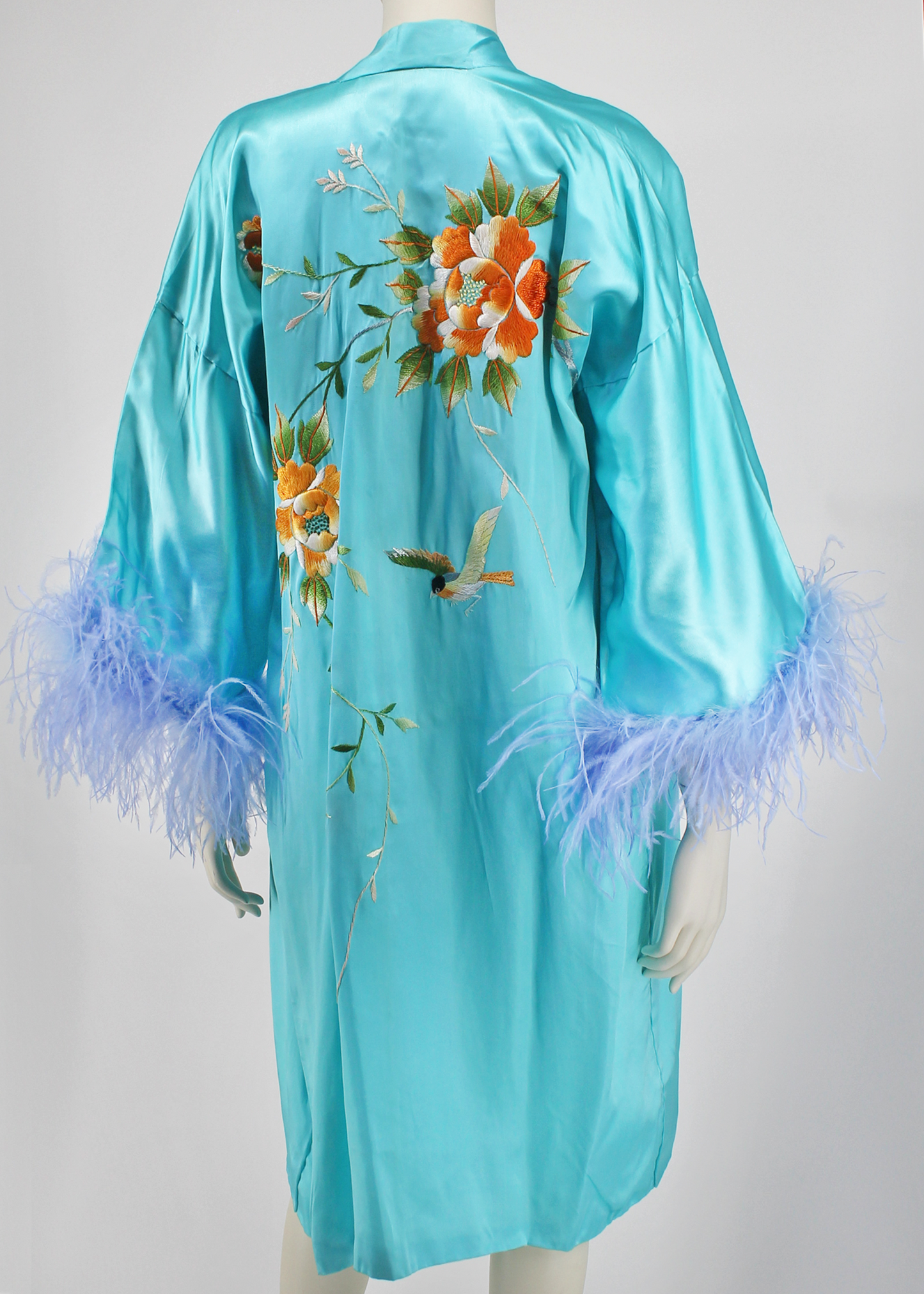 Dauphinette 1960s Sky Blue Hand-Embroidered Robe with Feathers