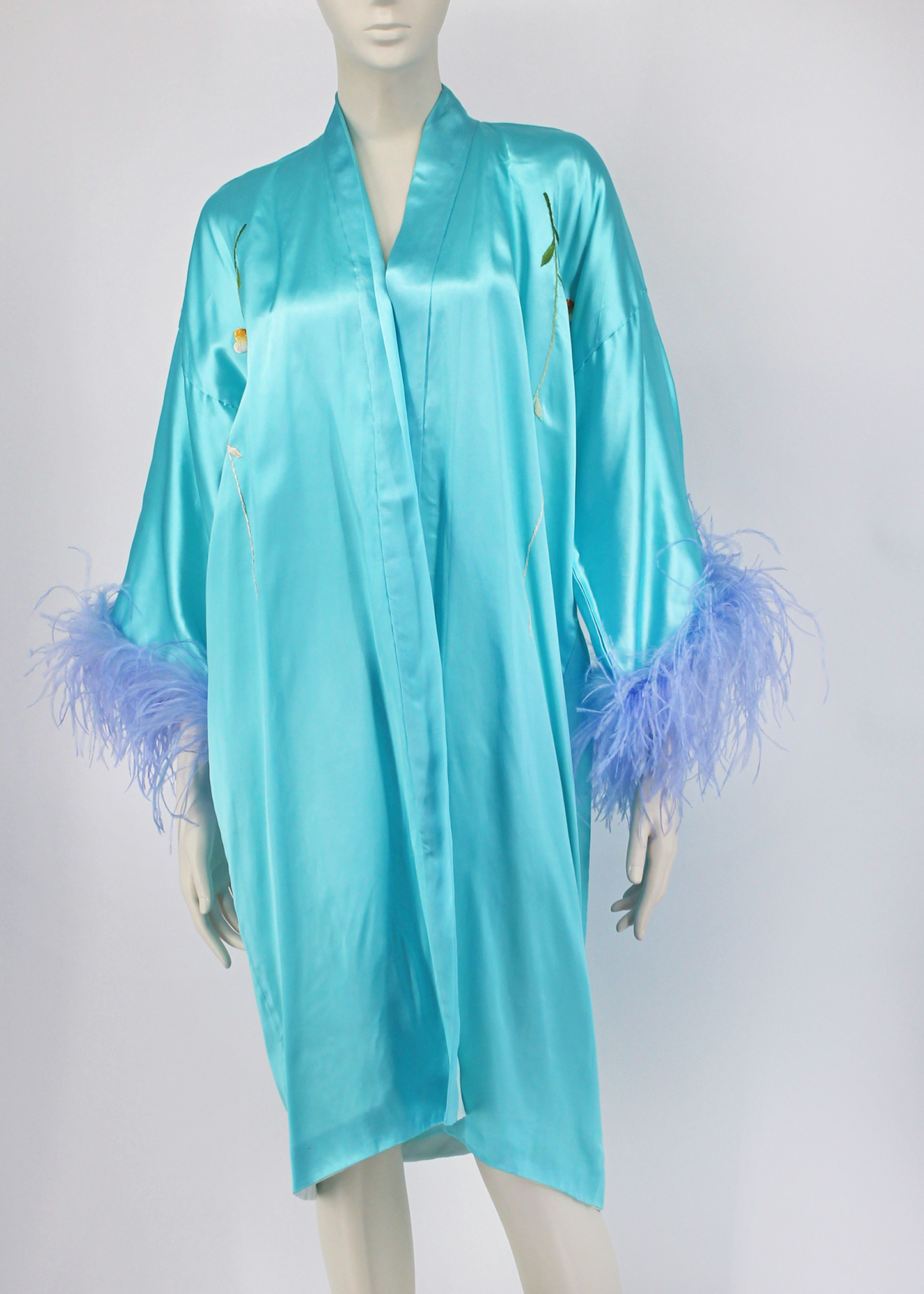 Dauphinette 1960s Sky Blue Hand-Embroidered Robe with Feathers