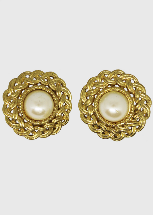 Givenchy Gold Braided Pearly Round Clip Earrings