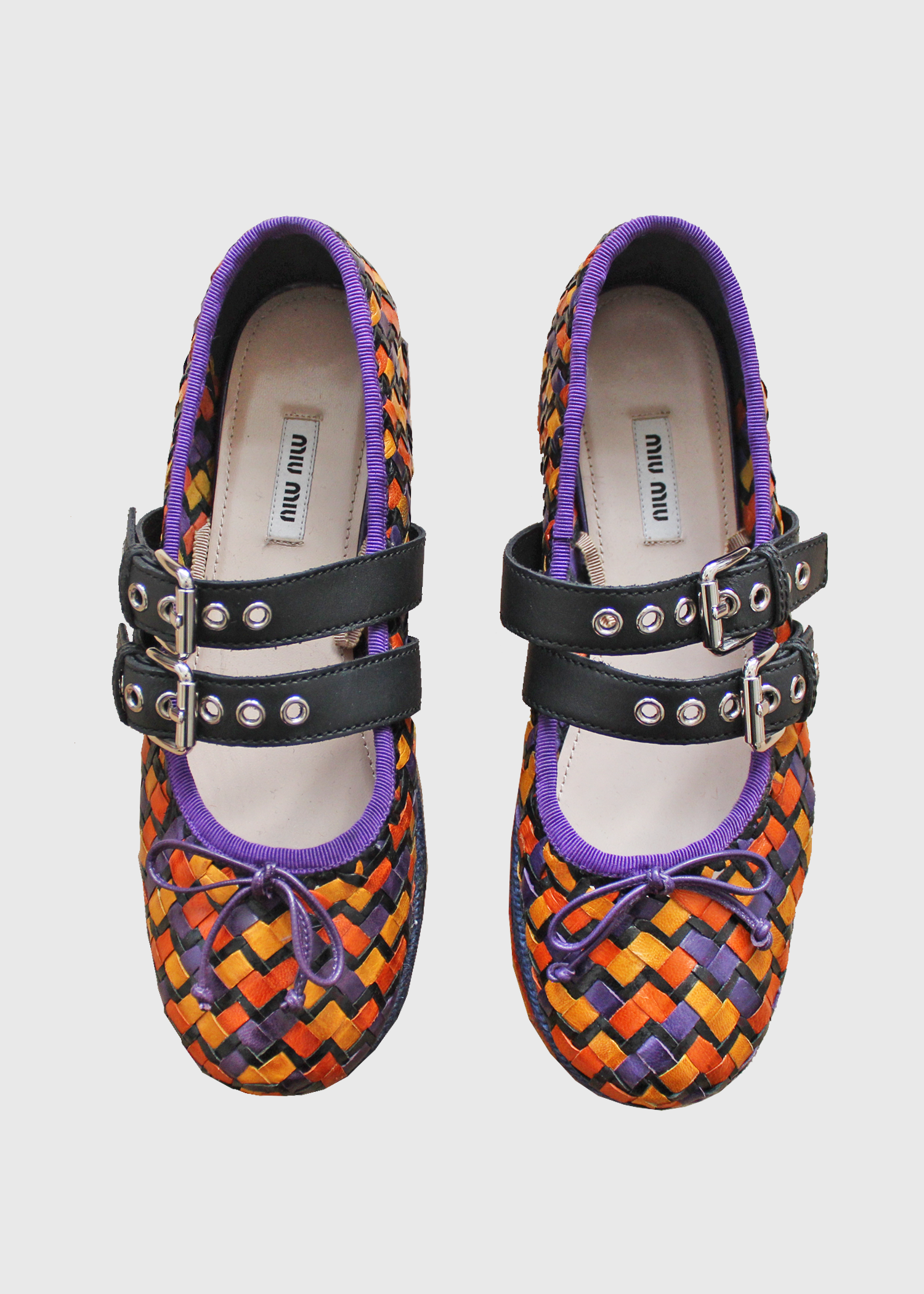 靴 archive miumiu ballet shoes Miu Miu Woven Leather Platform Ballet Shoes- Size EU39.5