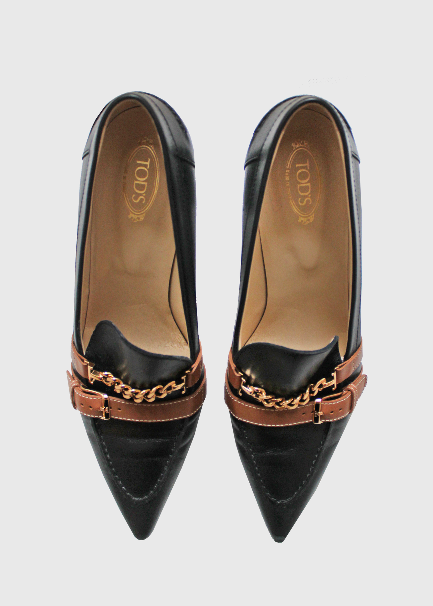 Tod's Black Leather Chain-Covered Pointed Loafers- Size EU40 / US9.5-10